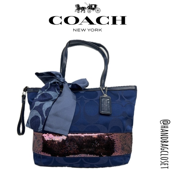 Coach F17574 Signature Tote Handbag Satin Sequins Medium Blue Bag - Picture 1 of 11